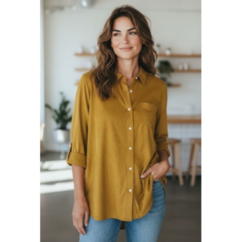 Intro By Jonathan Ross Shirt Women's XL Gold Faux Suede Button Tunic‎ Casual